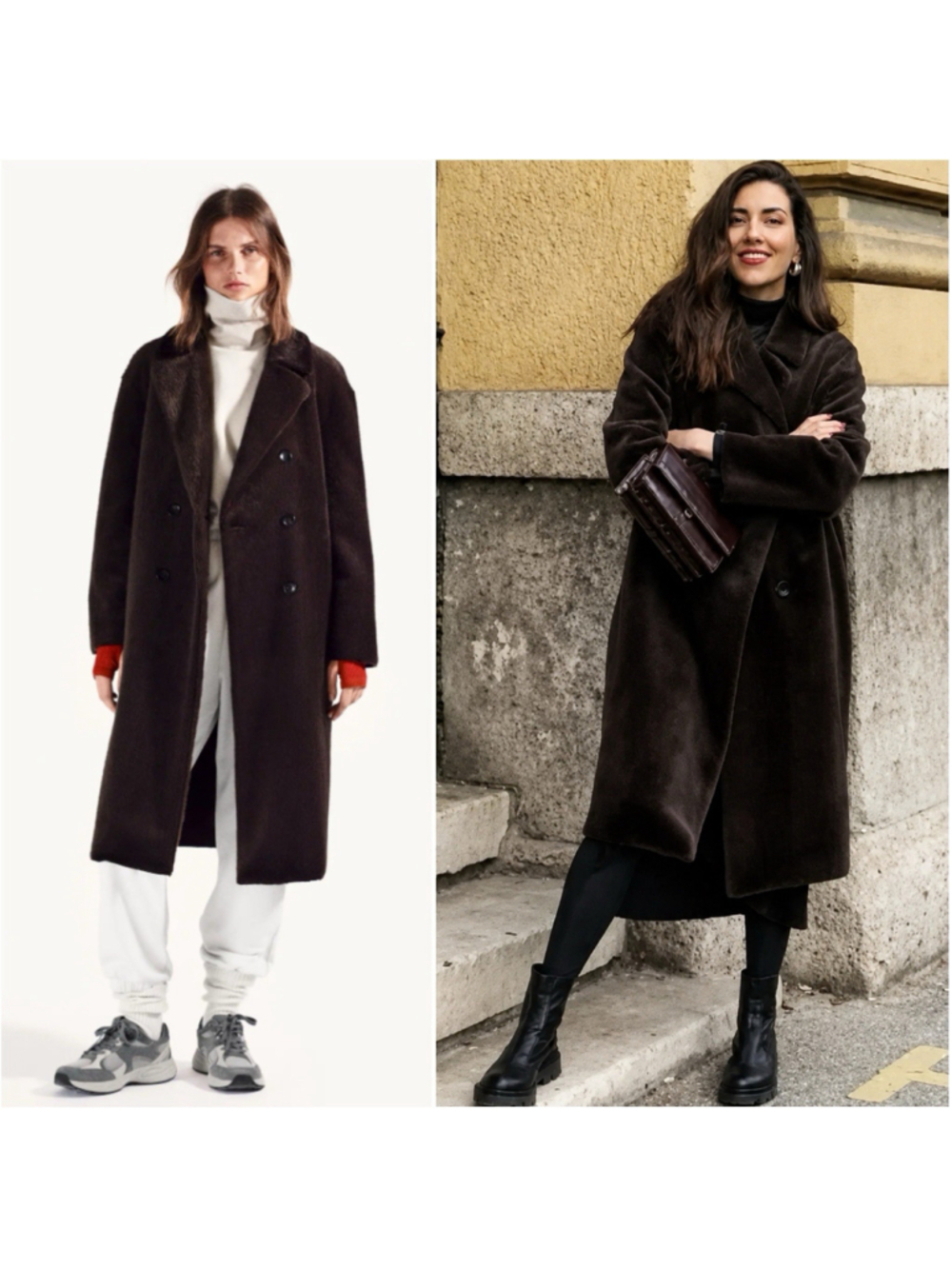 RARE Zara Mink Faux Fur Coat Chocolate Brown Long Maxi Double Breasted Oversized